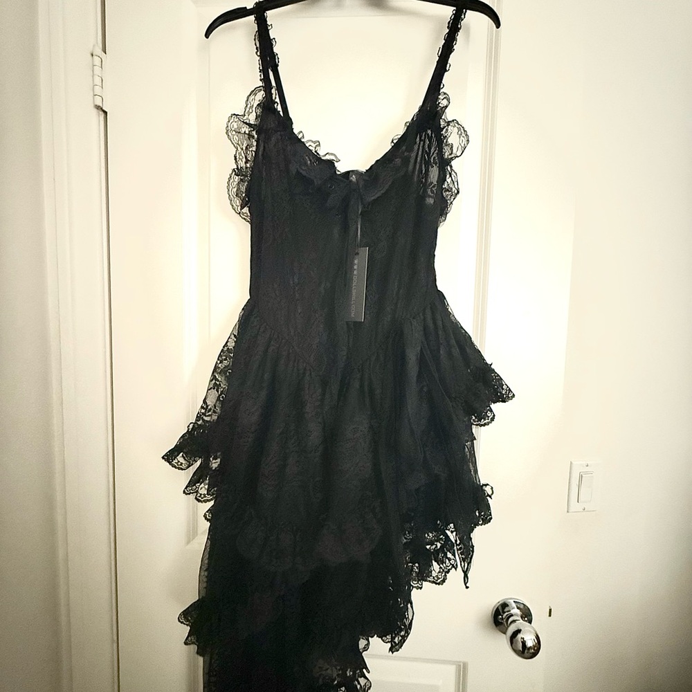 Widow Gothic Seductive Silence Black Lace Up Asymmetrical Strappy Dress